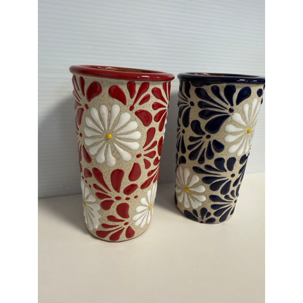 Lot of 2 Venegas Beige Red Blue Floral Ceramic Vases One Size Handmade Mexico - Picture 8 of 11
